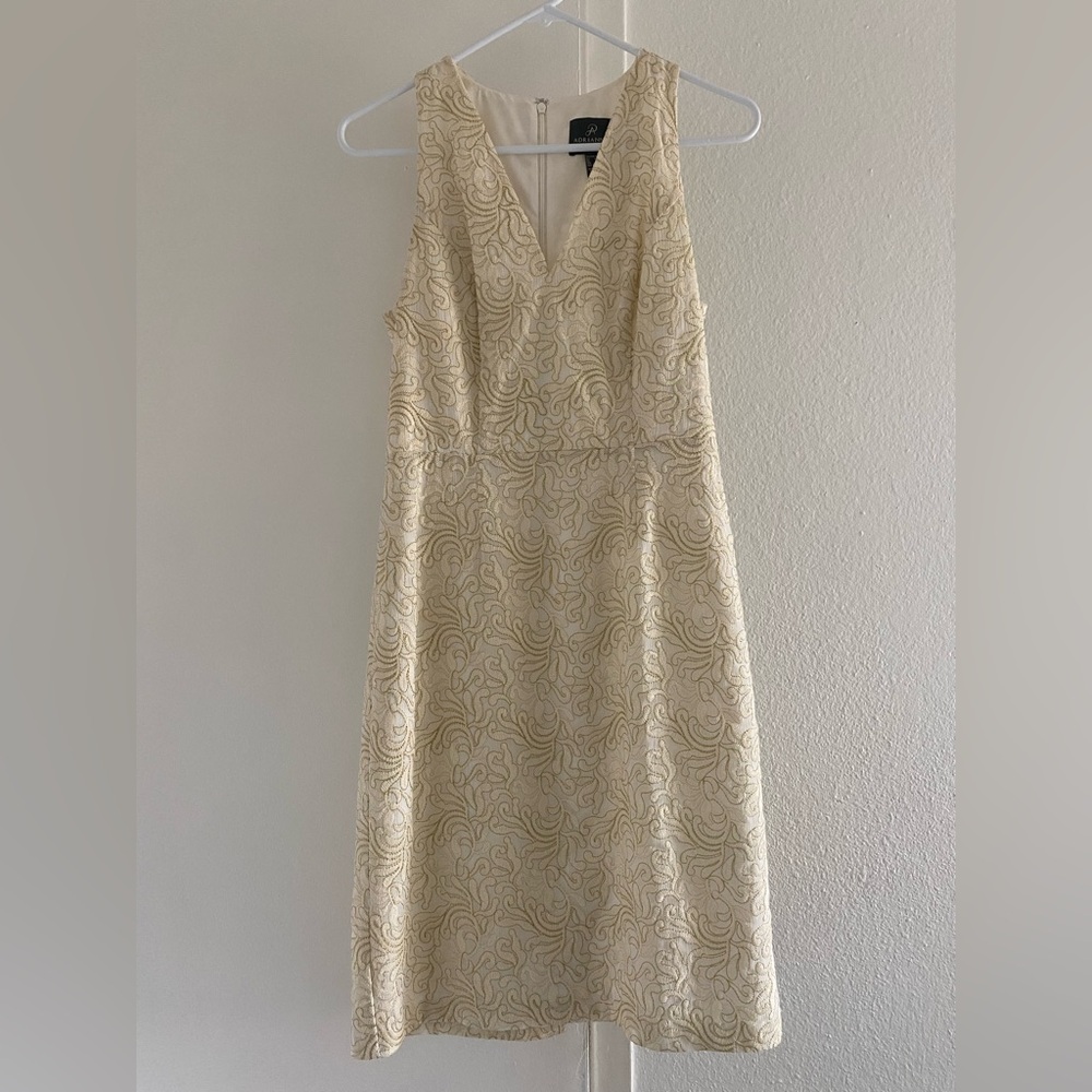 Adrianna Papell Ivory and Gold Swirl Midi Dress